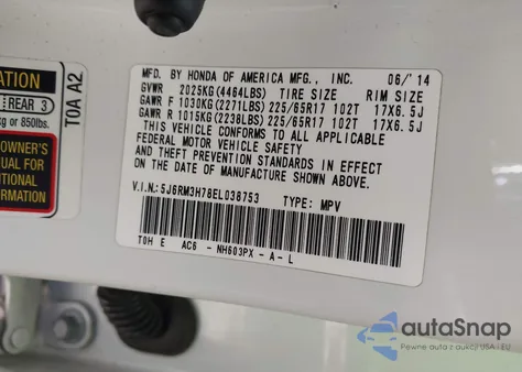 2014 Honda Cr-V Ex-L z USA, uszkodzony, nr VIN 5J6RM3H78EL038753